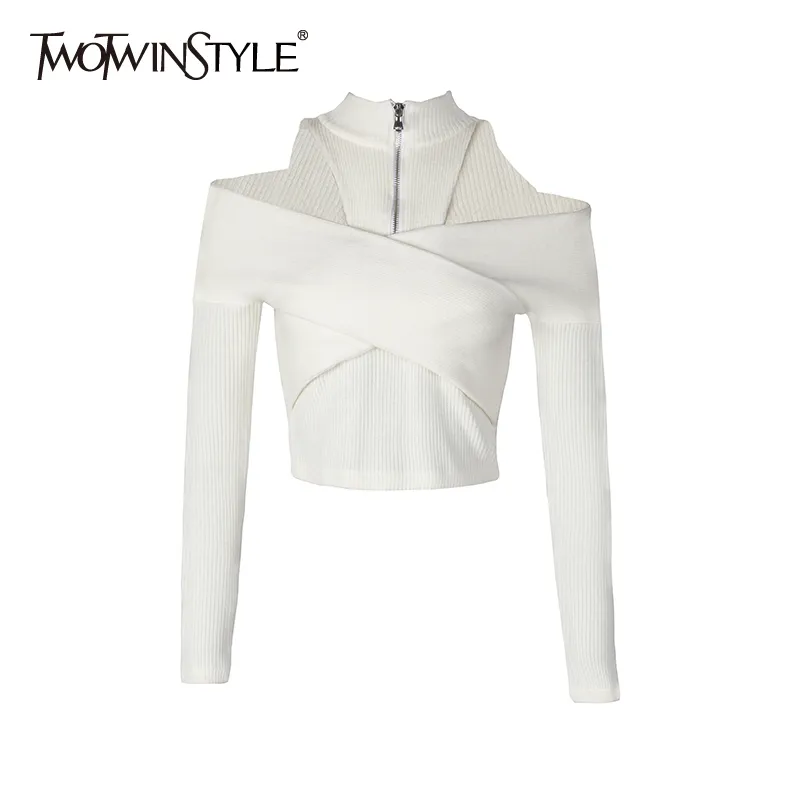 Twotwinstyle Cross Cross Latchwork Shipper Свитер для женщин Turtleneck с длинным рукавом тонкие свитера женские мода одежда падение 210517