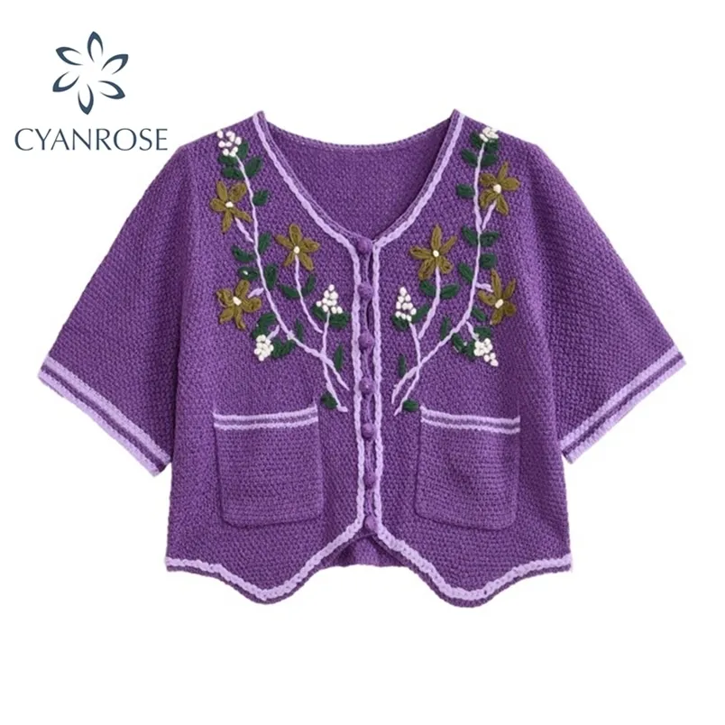 Chemisier de cardigan de culture pour femmes ou broderie florale rétro Tops en tricot col en V décontracté simple boutonnage Rok romantique E-Girl chemises Lady 210515