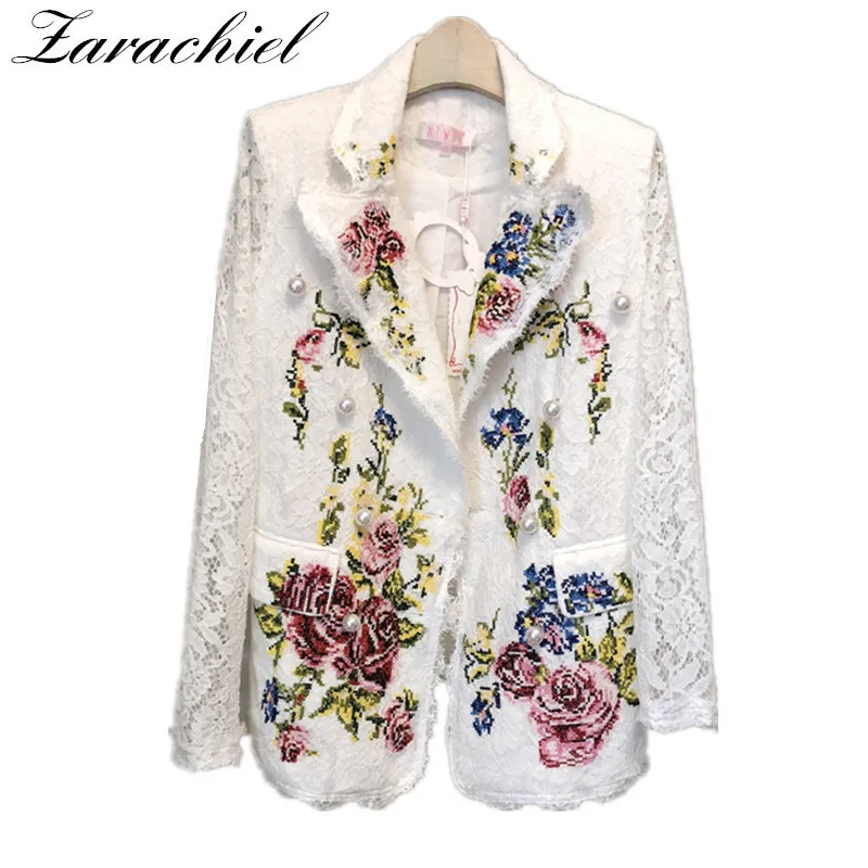 Autumn White Lace Women Long Sleeve Notched Flower Embroidery Pearls Blazer Shawl Collar Pocket Floral Jacket Coat 210416