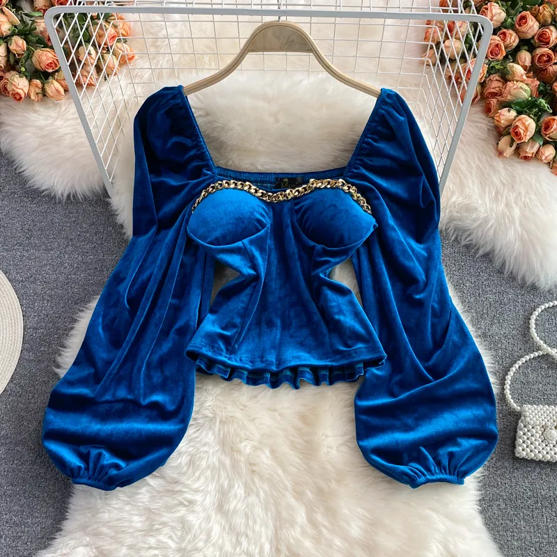 Autumn Blue/Black/Red Velvet Party Blouse Women's Clothing Sweaters Sexy Square Collar Puff Long Sleeve Chain Decor Short Tuxedo Shirts 2022 New