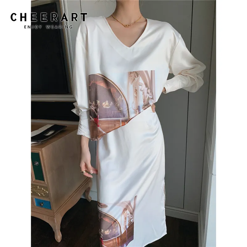 Винтажная блузка маслом живопись V шеи с длинным рукавом белый фонарь свободных дам топ Осенняя одежда женская одежда 210427