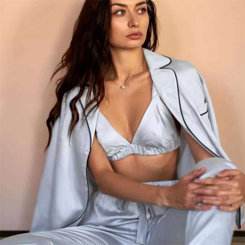 Fashion Solid Color Satin Robe Set With Bra Sexy Pajamas Set Female Home Suit For Women Pajama Spring Long Sleeve Sleepwear 210928