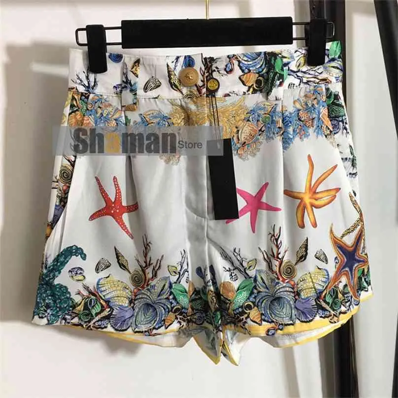Lyxig designer märkt shorts för kvinnor kläder aquairum print guld knappar kvinna sommar hög midja kvinna 210719