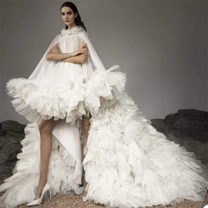 Graceful Hi-Lo Evening Dresses Multilayered Ruffles High Neck Custom Made Long Sleeves Floor Length Prom Dress Robe de mariée