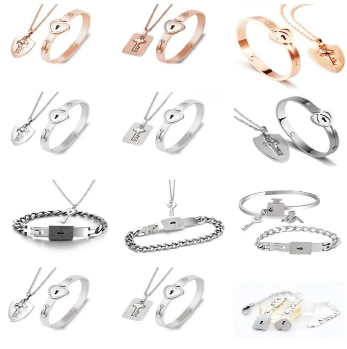 2-teiliges Titan-Matching-Paar-Armband-Halsketten-Set, Herzschloss-Armband und Schlüsselanhänger-Halskette für Männer und Frauen