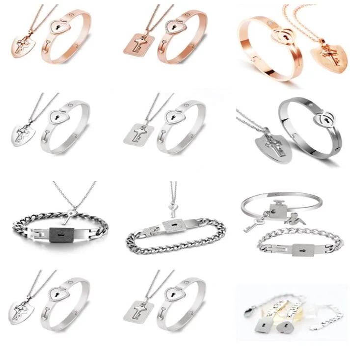 2 PCS Titânio Correspondência Casal Pulseira Colar Definir pulseira de fechadura de coração e chaveiro colar de pingente para homens e mulheres