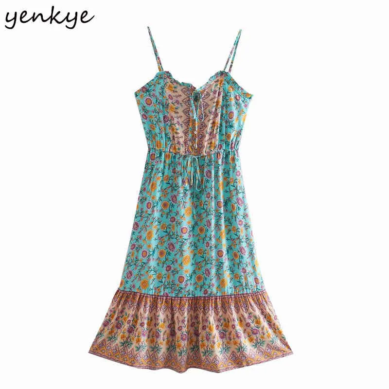 Yenkye Casual Holiday Summer Beach Dress Kvinnor Sexig Ärmlös V Neck Drawstring Waist Blomstryck Klänning Kvinna A-Line Vestido 210515