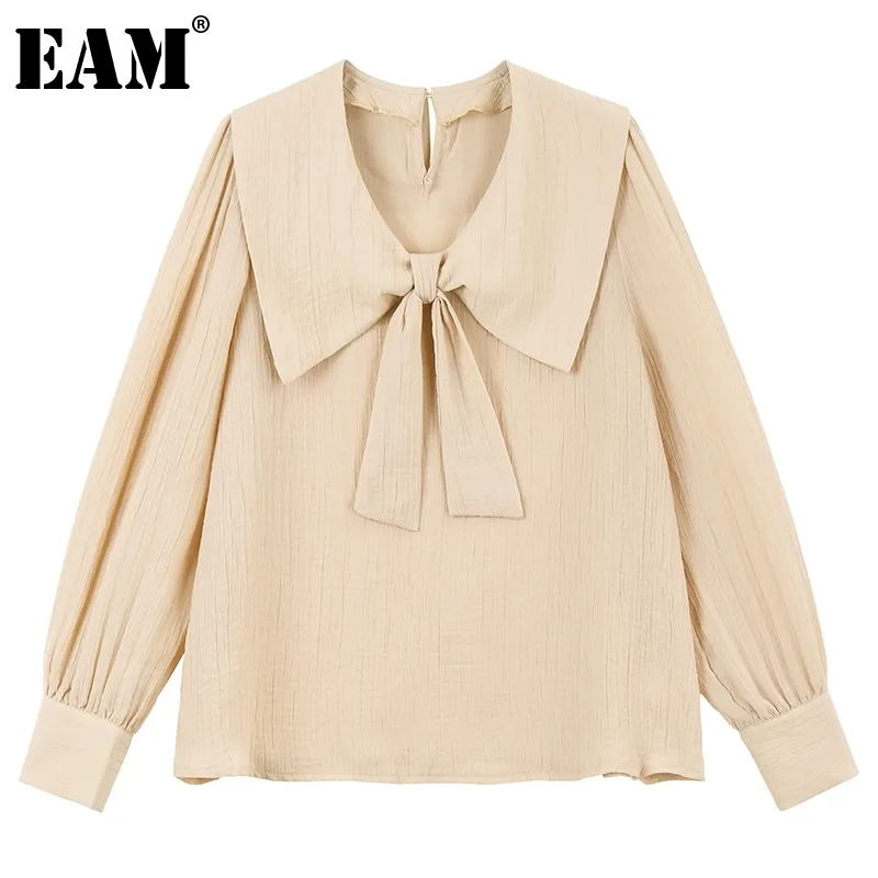 [Eam] Mulheres Casual Apricot Bandage Bow T-shirt Peter Pan Collar Manga Longa Moda Primavera Outono 1d5890 210512