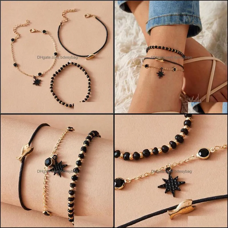 Fashion Black Star Anklets for Women Bohemian Adjustable Beaded Small Fish Foot Chains Party Jewelry 3pcs/set