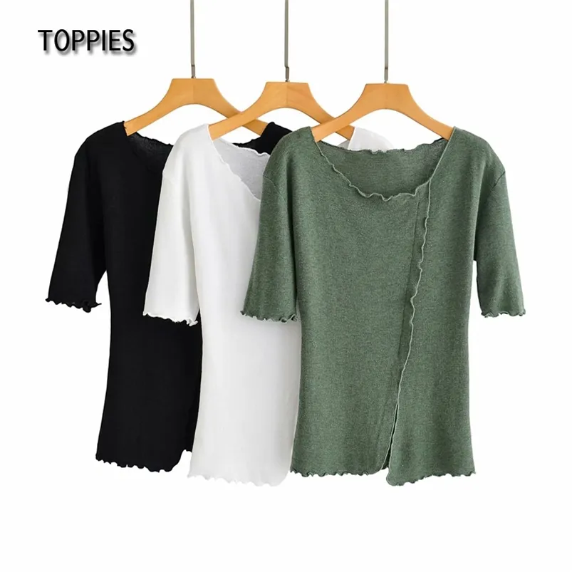 Women Asymetical T-shirts Sexy U-collar Tops Solid Color Ruffles Hem Female Slim 210421