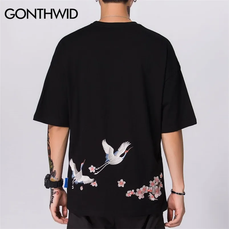 Gonthwid Harajuku Bordado Cranes Cereja Flores Flores camisetas Homens Casual Manga Curta Top Tees Hip Hop Streetwear T-shirts 210706