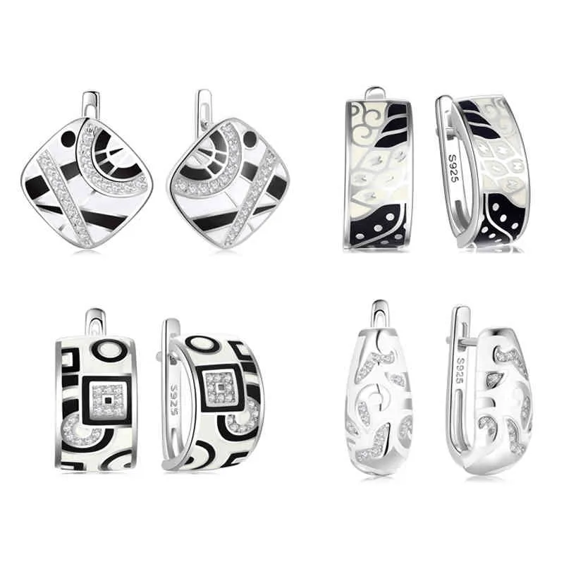 Trendy Original 925 Silver For Women Black White Enamel Pattern Classic Earrings Cubic Zirconia Elegant Female Jewelry