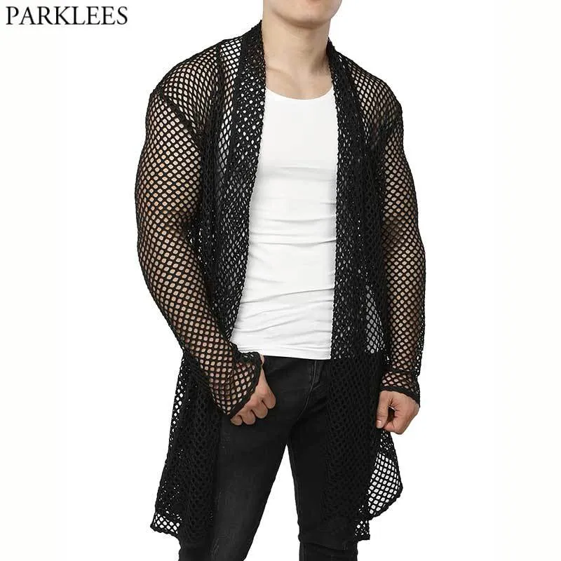 Men's Fishnet See through Cardigan Tshirt Ruffle Shawl Collar Long Sleeve High Low Hem Drape Cape Muscle Tops Camisetas Black 210522