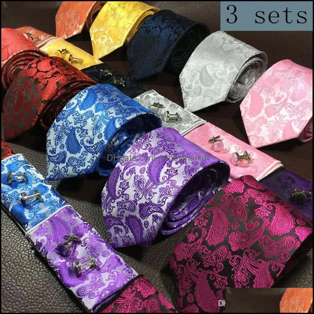 Neck Tie Set Ties Fashion Aessories Men And Handkerchief Bowtie Cufflinks 9Cm Necktie 100% Silk For Business Wedding Party Hombre Drop Deliv