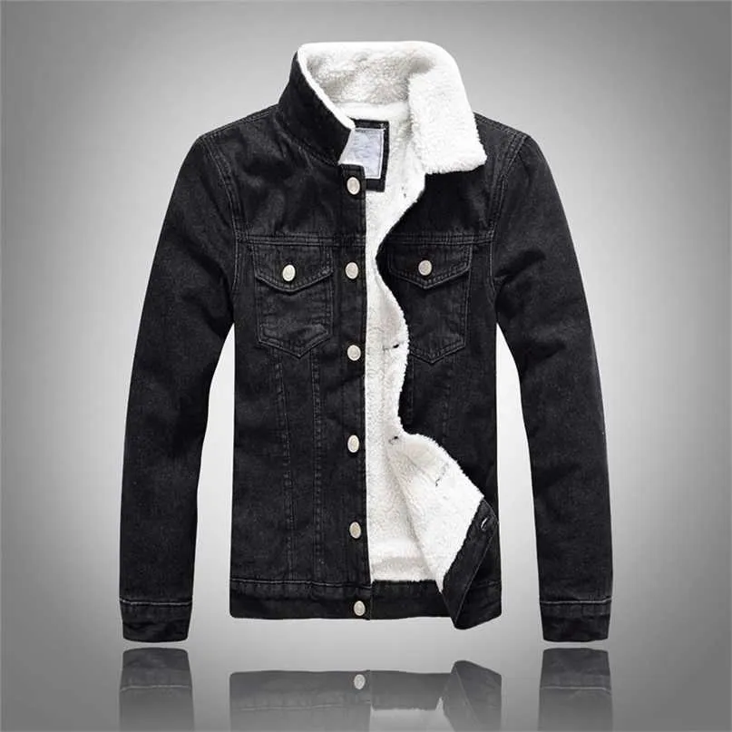 Men's Denim Jacket Warm Winter Casual Bomber Male Korean Style cowboy Fashion Fleece Vintage Clothing Men Black Jean Coat 211110