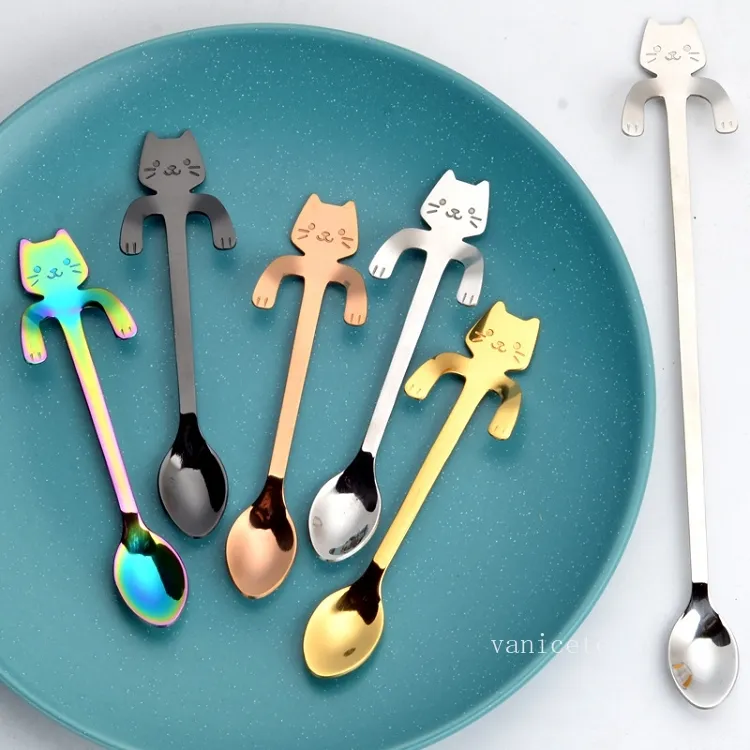 Stainless Steel Spoons Cute Cat Hanging Cup Coffee Spoon Teaspoon Dessert Snack Scoop Ice CreamTableware T2I52964