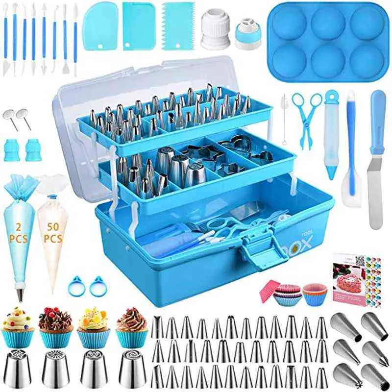 236PCS Cake Decorating Mouth Set with Three-layer Storage Blue Folding Gift Box Baking Set Cake Decorating Accessories Tools 211110