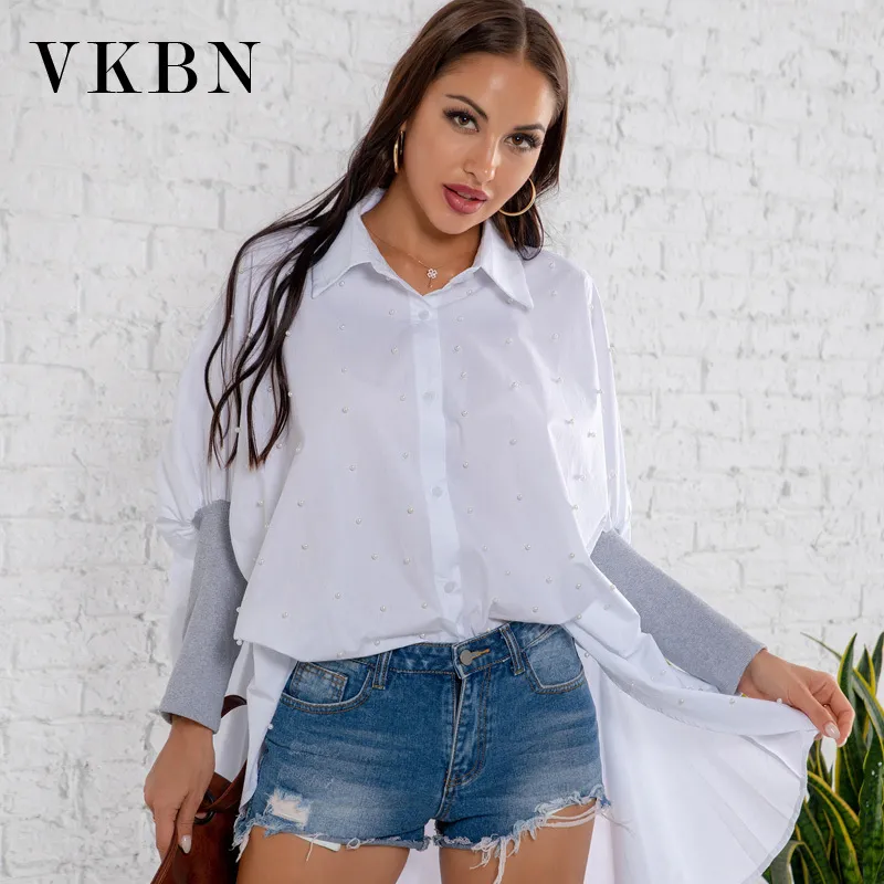 VKBN s printemps automne coton fête Blouse femmes perles manches longues noir et blanc lâche irrégulière chemise femme 210507