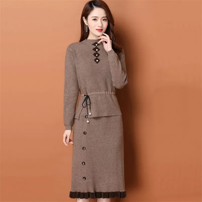 Two-piece Drawstring Long Sleeve Button Sweater Female Solid Color Elastic Band Knee-Length Knitted Skirt Women Sets 210427