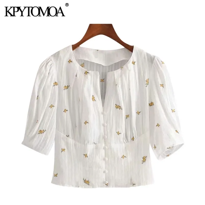 Femmes Sweet Fashion Floral Broderie Blouses Courtes Puff Sleeve Side Zipper Femme Chemises Chic Tops 210420