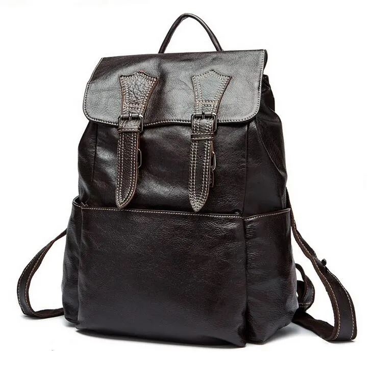 Partihandel Äkta läderväska Ryggsäck Koreanska Retro Flap Cowhide Men Bucket Double Shoulder Ryggsäckar 1823