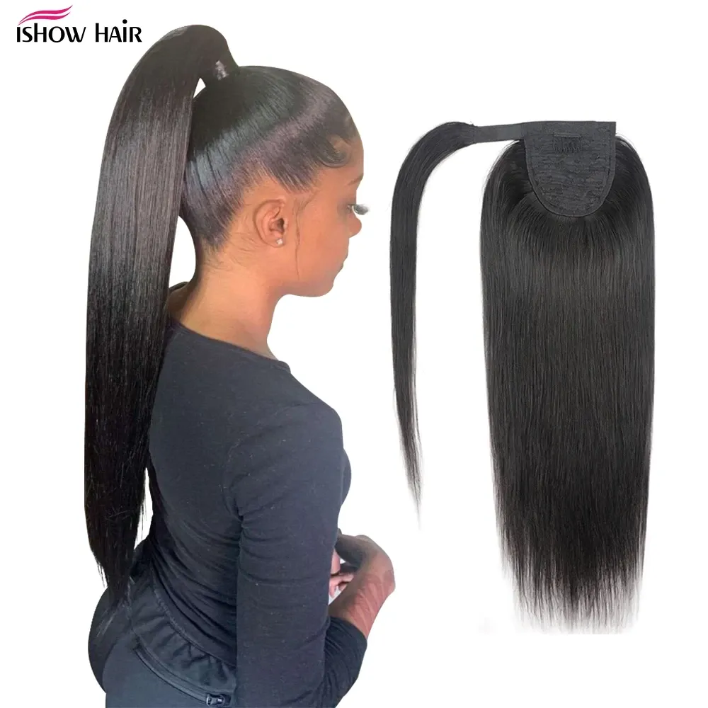 Ishow 8-28inch Body Wave Human Hair Extensions Wefts Pony Tail Yaki Straight Afro Kinky Curly Ponytail for Women All Ages Natural Color Black Brazilian Peruvian