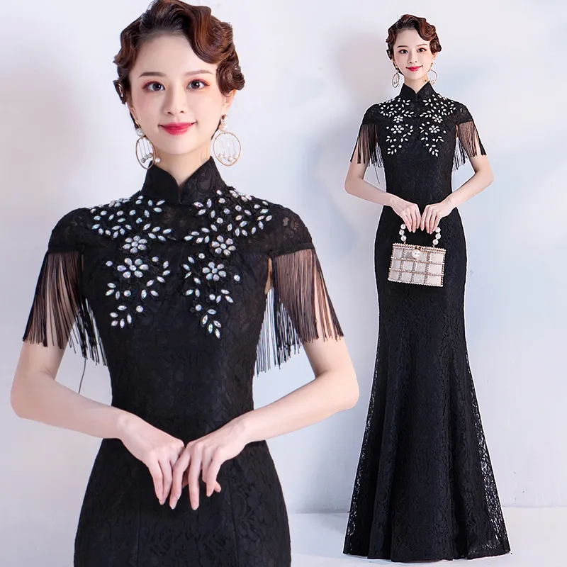 Vestido de noite preto chinês tradicional qipao oriental cheongsam grânulos borla sereia bainha longa mulheres vestidos