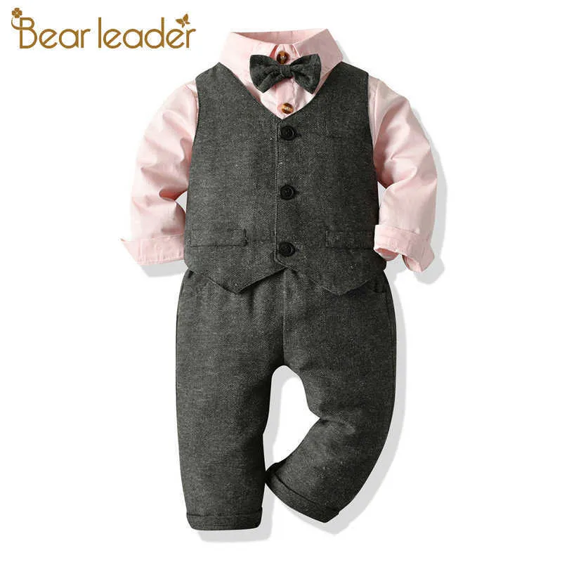 Bear Leader Boys Gentleman Clothing Set Bomull Långärmad Bowtie Skjorta Waistcoat Byxor 3PCS Suit Kids Boy Casual Clothes Set 210708