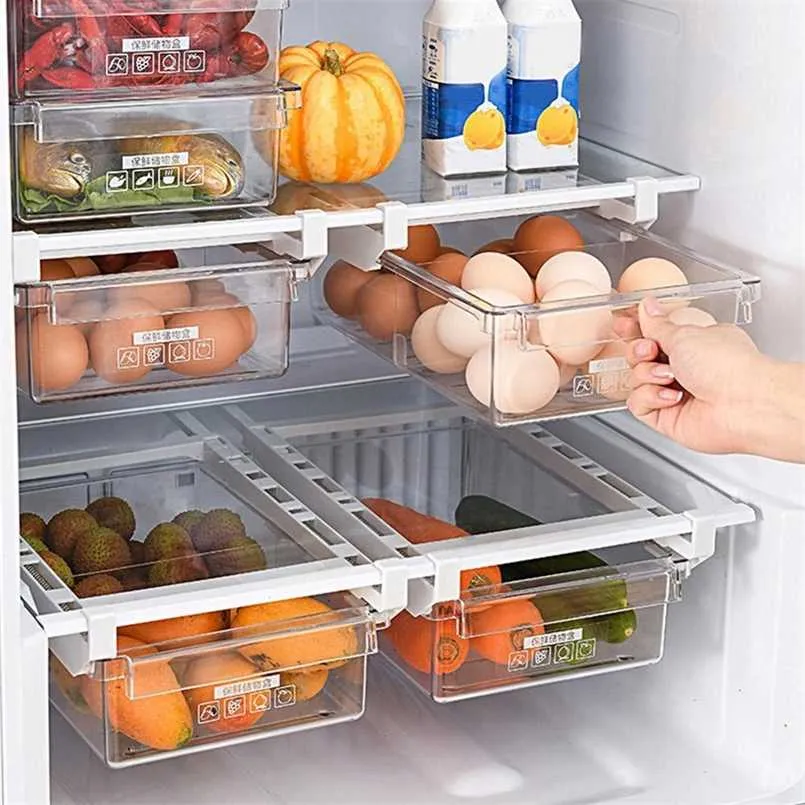 Plastic Clear Fridge Organizer Slide Under Shelf Drawer Box Rack Holder Refrigerator Drawer Kitchen Fruit Food Storage Box 40a 211110