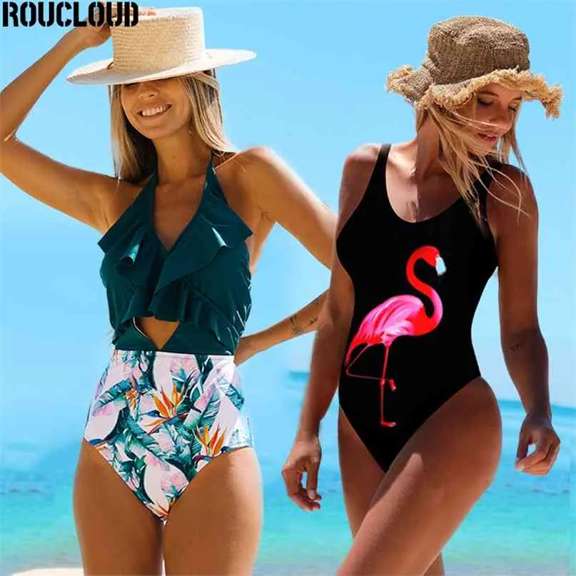 Seksi Backless Ruffles Bandaj Baskı Push Up Yastıklı Yüksek Bel Mayo Mayo Beachwear Sunbating Monokini 210625