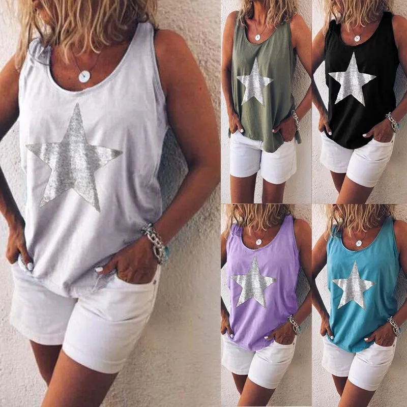 5 Colors Plus Size Women Fashion SleevelVest Solid Color Print Star T-shirt Summer Round Neck Casual Breathable Tank Tops X0507