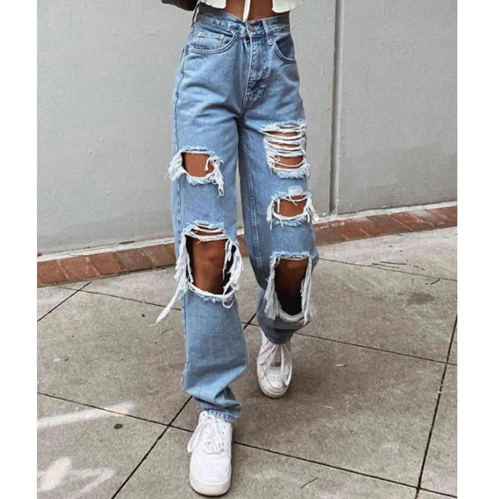 Womens Loose Fit Jeans Ripped Wide Leg For Women High Waist Blue