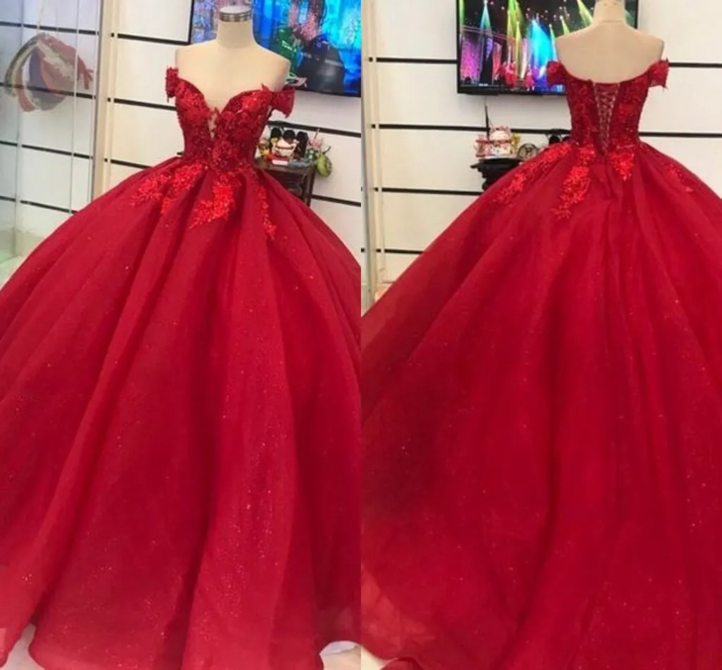 2021 Dark Red Off Ombro Quinceanera Vestidos Bordados Bonito Bonito Tule Espartilho Voltar Sweet 16 Meninas 15 Menina Vestido Formal Prom Vestidos