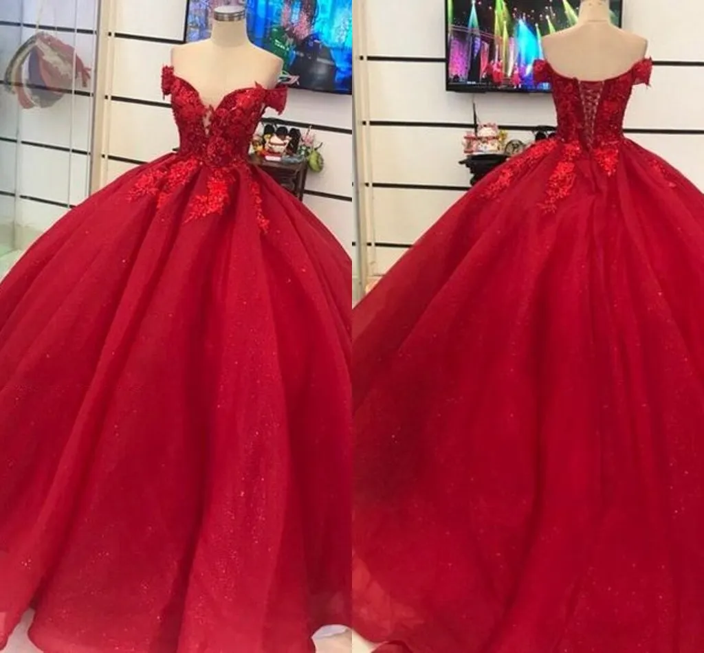 2021 Dark Red Off Shoulder Quinceanera Jurken Geborduurde Beaded Bling Tulle Corset Back Sweet 16 Girls 15 Meisje Formele Jurk Prom-jassen