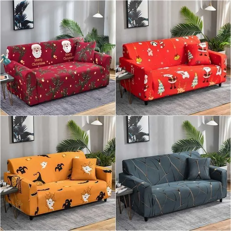 1 2 3 4 Seater Christmas Sofa Covers for Living Room Elastic Slipcovers Stretch All-inclusive Couch Cover Home Xmas Decor 211116