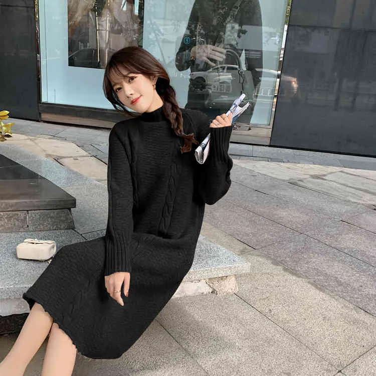 Vestido Casual Cuello Alto Negro Vestido De Punto De Manga Larga