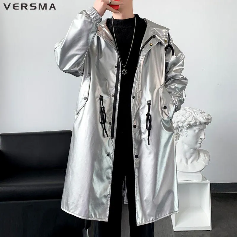 Mäns Trench Coats Versma Koreansk Classic Black Lång PU Läder Coat Stor Stor Stor Män Kvinnor Höst Glänsande Oversize Youth Jacket Drop