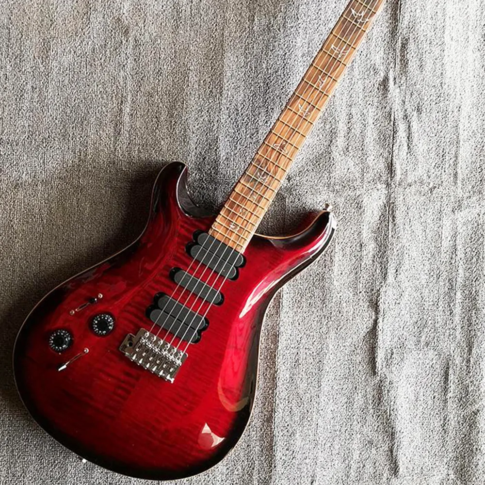 ¡Alta calidad! Guitarra eléctrica roja zurda de 6 cuerdas con chapa de arce de llama, freboard de palisandro, personalizable