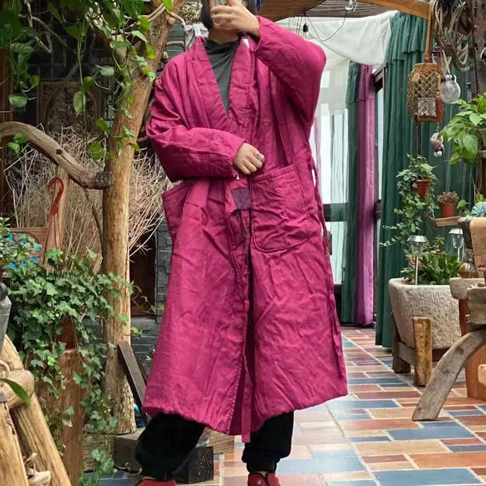 Johnature estilo chino algodón lino parkas para mujeres rosa vintage cinturón abrigos primavera con cuello en v manga larga parkas femeninas 210521