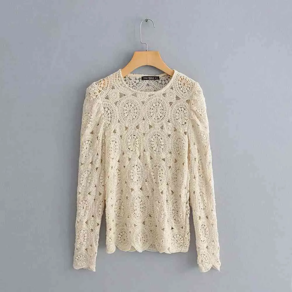 Women Hollowed Lace Puff Sleeve Blouse Casual Round Neck Shirt Summer Female Smock Skinny Tops S5839 210430