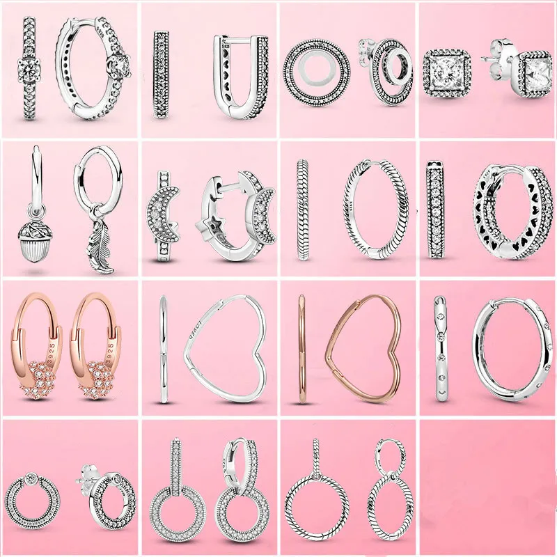 Pendientes de tuerca de aro redondos para mujer, aretes de plata de ley 925 con margaritas pavimentadas, luna y estrella, regalo de joyería