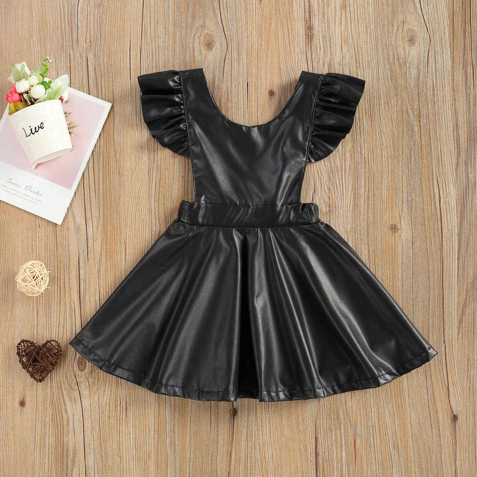 Moda 2021 Criança Meninas Bebê Geral Vestido Pu Faux Leather Ruffle Manga Backless Suspender Vestidos para crianças meninas q0716