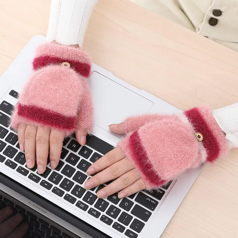 Five Fingers Gloves Winter Warm Thickening Wool Knitted Flip Fingerless Flexible Exposed Finger Mittens Men Women Touchscreen