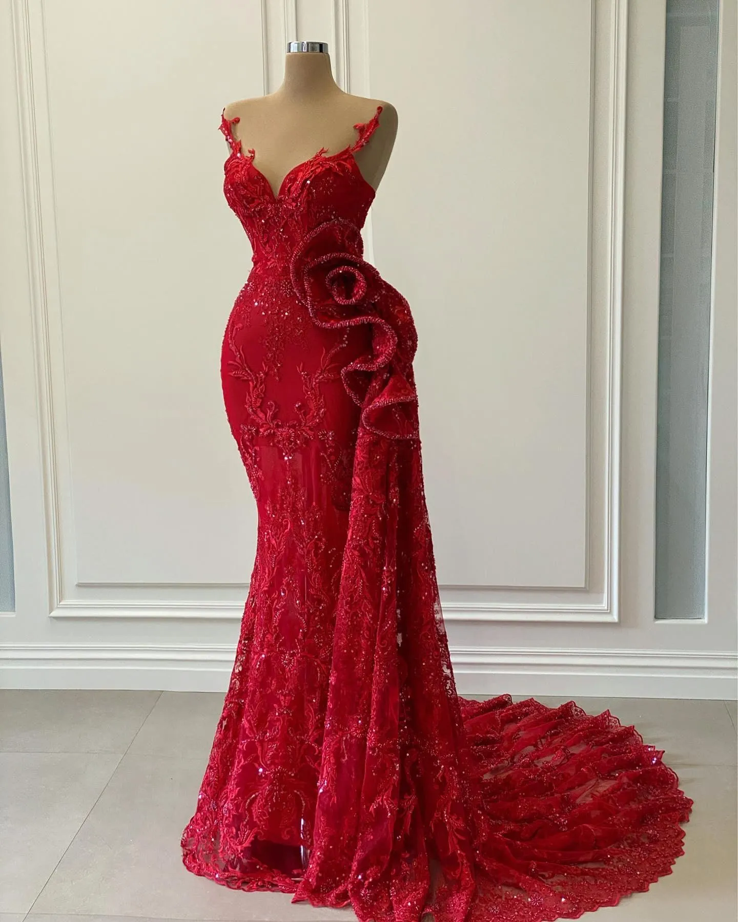 Aso Ebi Red Luxurious Mermaid Evening Dresses Sheer Neck ruffles Lace Beaded prom Formal Party Second Reception Gowns