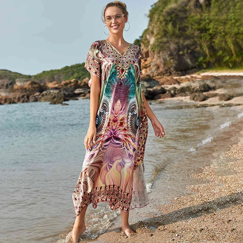 Bohemian Women Summer Beach Dress Swim Wear Cover Up Polyester Tunic Sexy V-Neck Robe Caftan Bikini Cover-ups pareo Q1185 210420