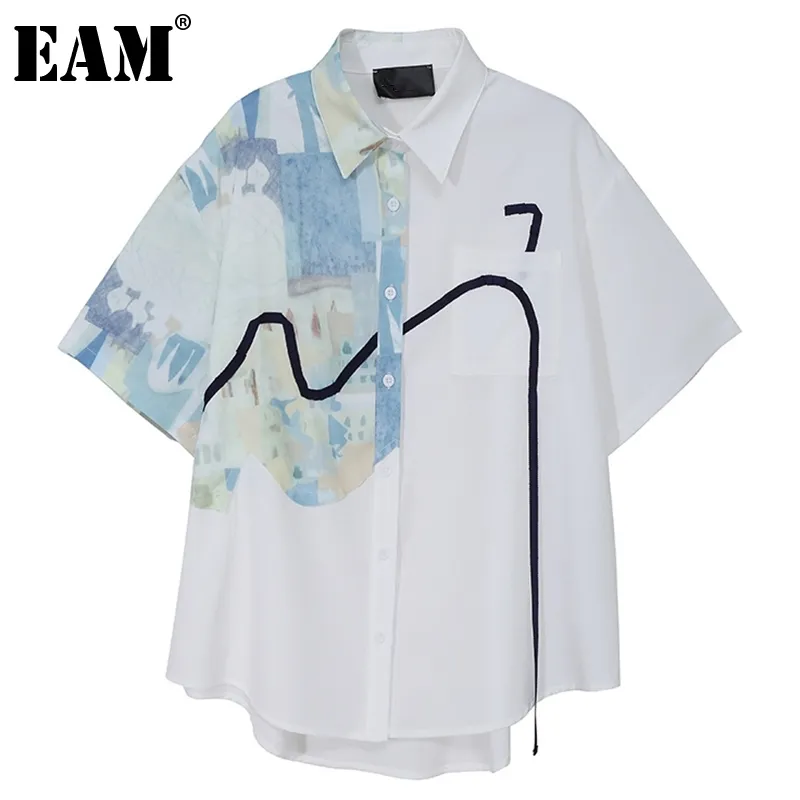 [EAM] blusa asimétrica con estampado de talla grande blanca para mujer, camisa holgada de manga corta con solapa, moda Primavera Verano 1DD6997 21512