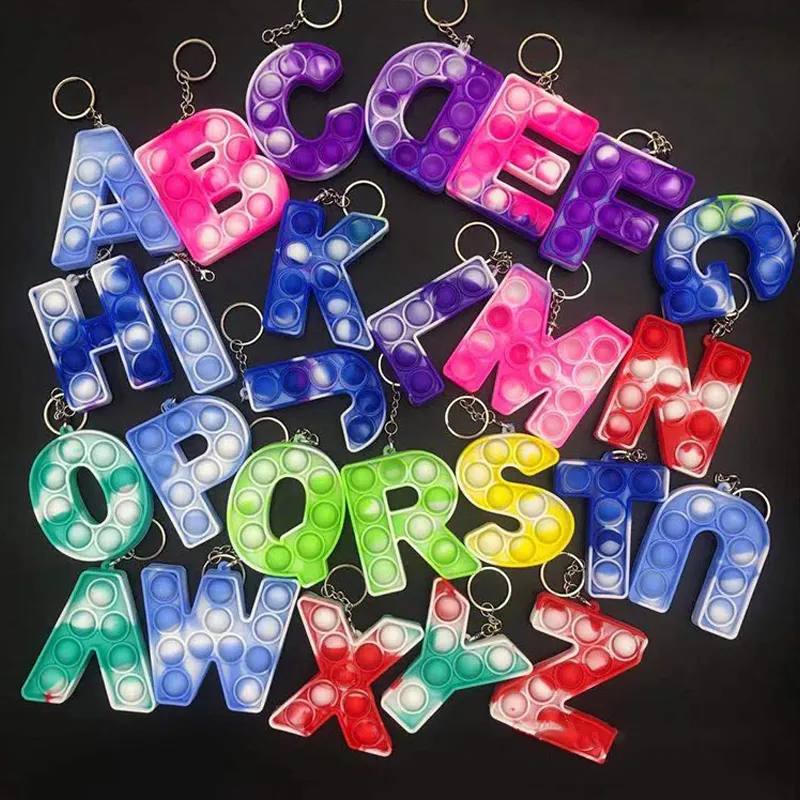 26 lettersSensory fidget  bubble poppers key ring Alphabet shape push bubbles popper board keychain finger puzzle charm tie dye rainbow bag hanging A101