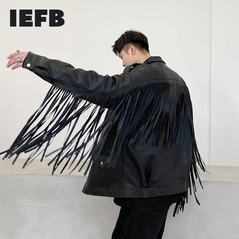 IEFB men's niche design tassel patchwork black PU leather jackets for men autumn witner thick cotton liner coat for male 9Y4622 210524