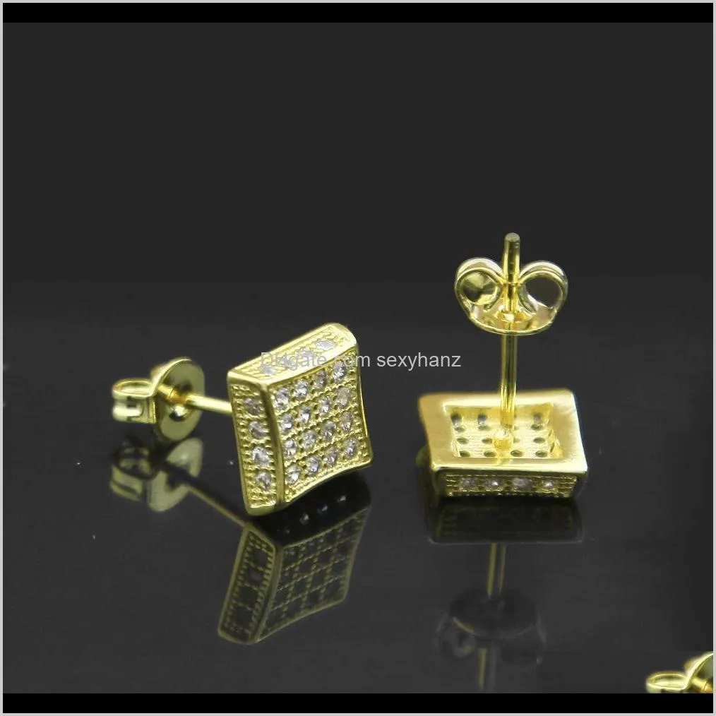 stud earings square 8.5mm cz zirconia set earrings gold silver hiphop new fashion jewelry