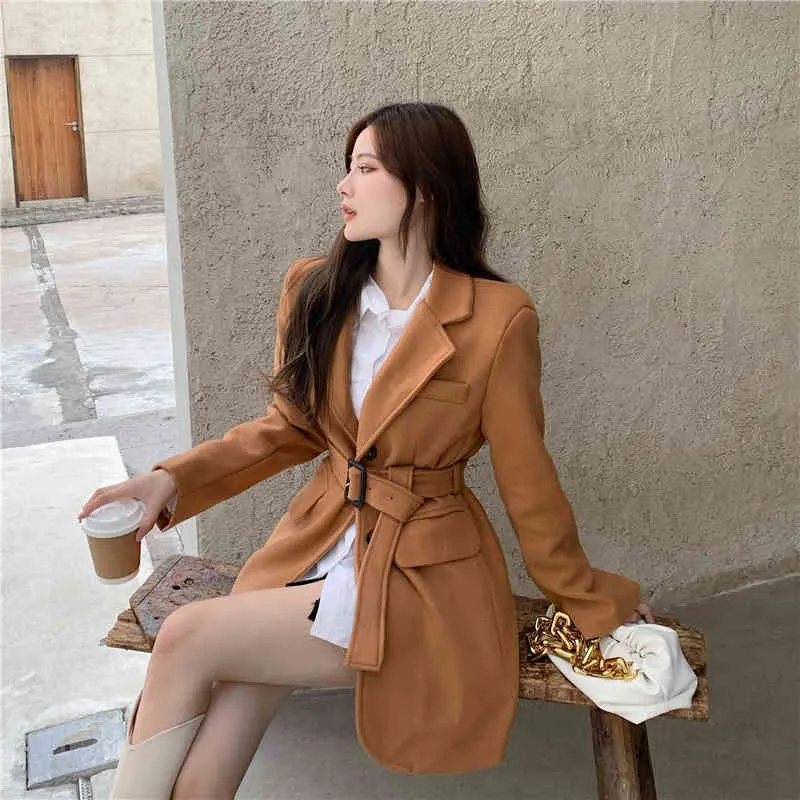 Kore versiyonu sonbahar ve kış yeni ürünler moda bel küçük boyutlu yün takım orta uzunlukta ceket ceket kadın giyim 210412